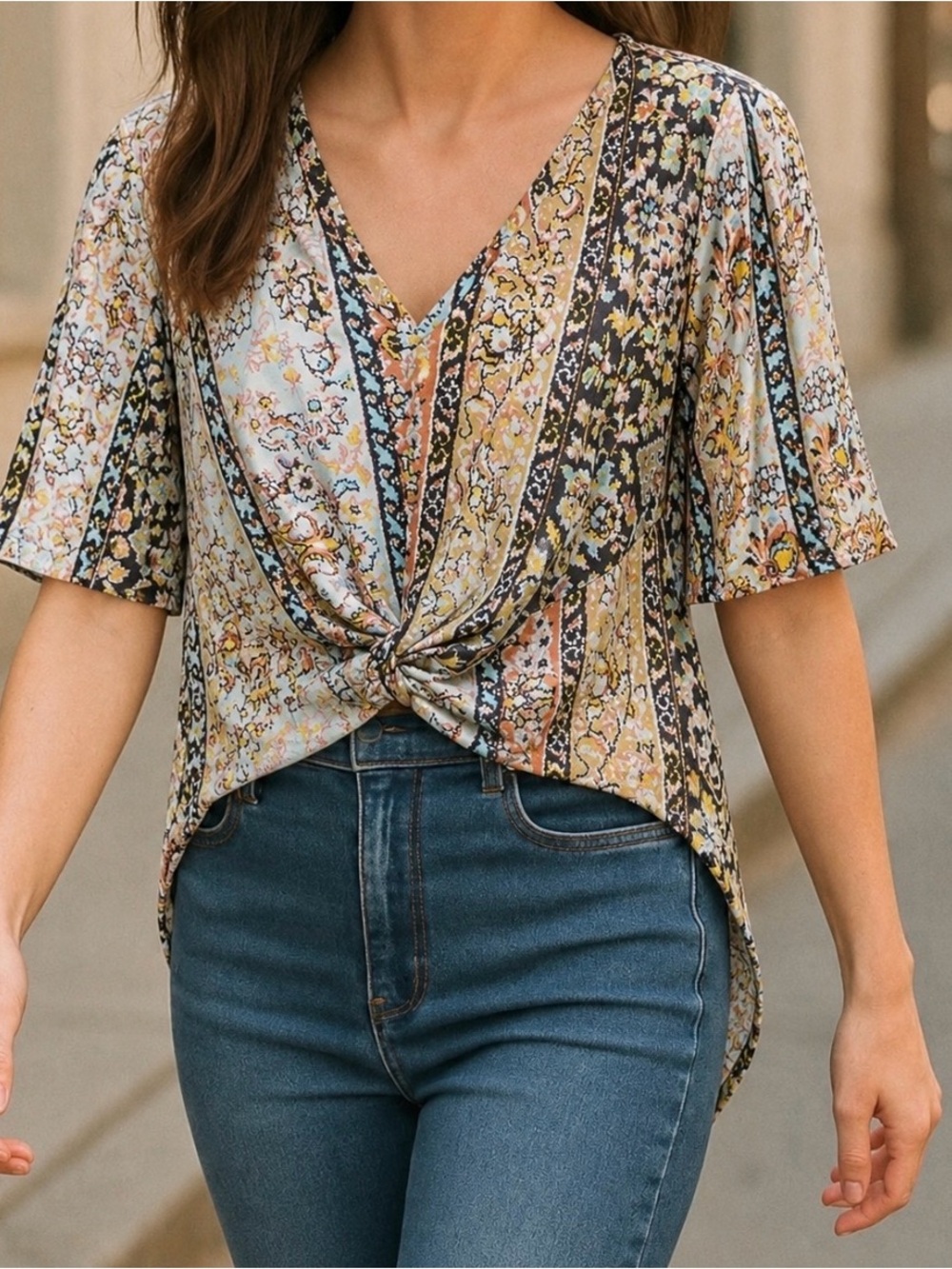 JUDITH MARCH V Neck Bell Sleeve Top L Paisley High Low Hem Front Knot Flowy Boho
